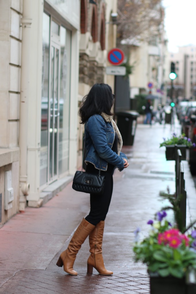 All black outfit with denim jacket