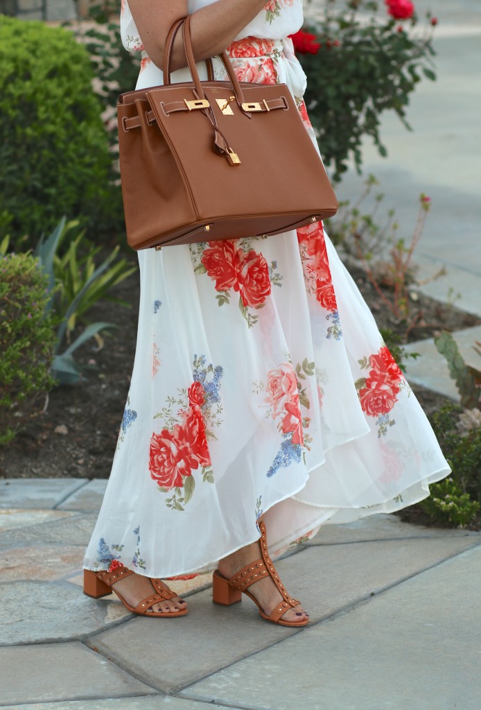 Gold Hermes Birkin 35 and tan Aquazzurra Studded Rebel T-strap sandals by My Life and My Style