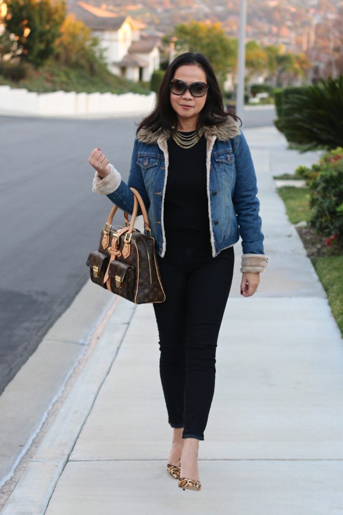 Black on black outfit with denim jacket