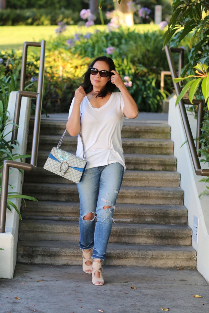 white tee with denim jeans and gucci dionysus blooms and aquazzura wedge shoes by MyLifeandMystyle