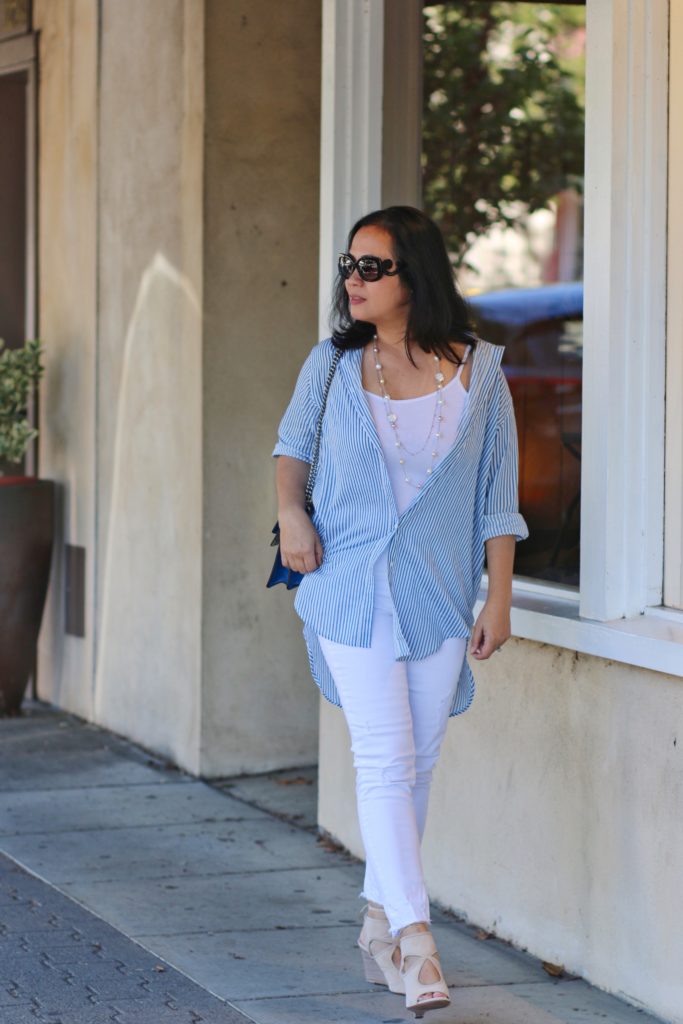 White jeans with blue and white stripe long sleeve shirt and aquazzura wedge shoes by MyLifeandMyStyle