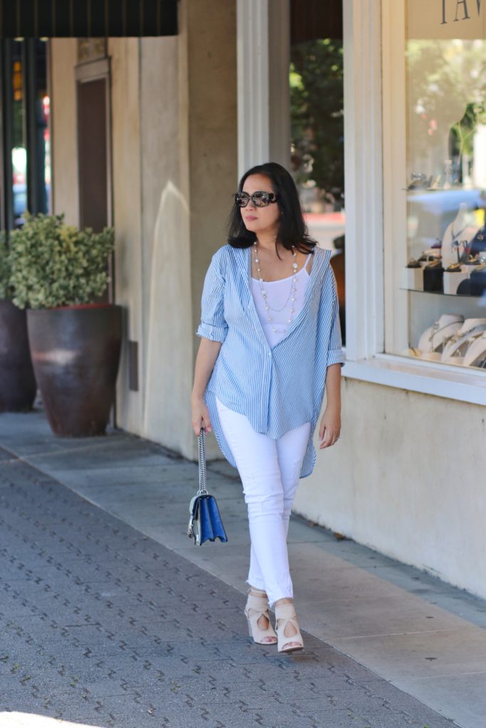White jeans with blue and white stripe long sleeve shirt and aquazzura wedge shoes and gucci dionysus blooms by MyLifeandMyStyle