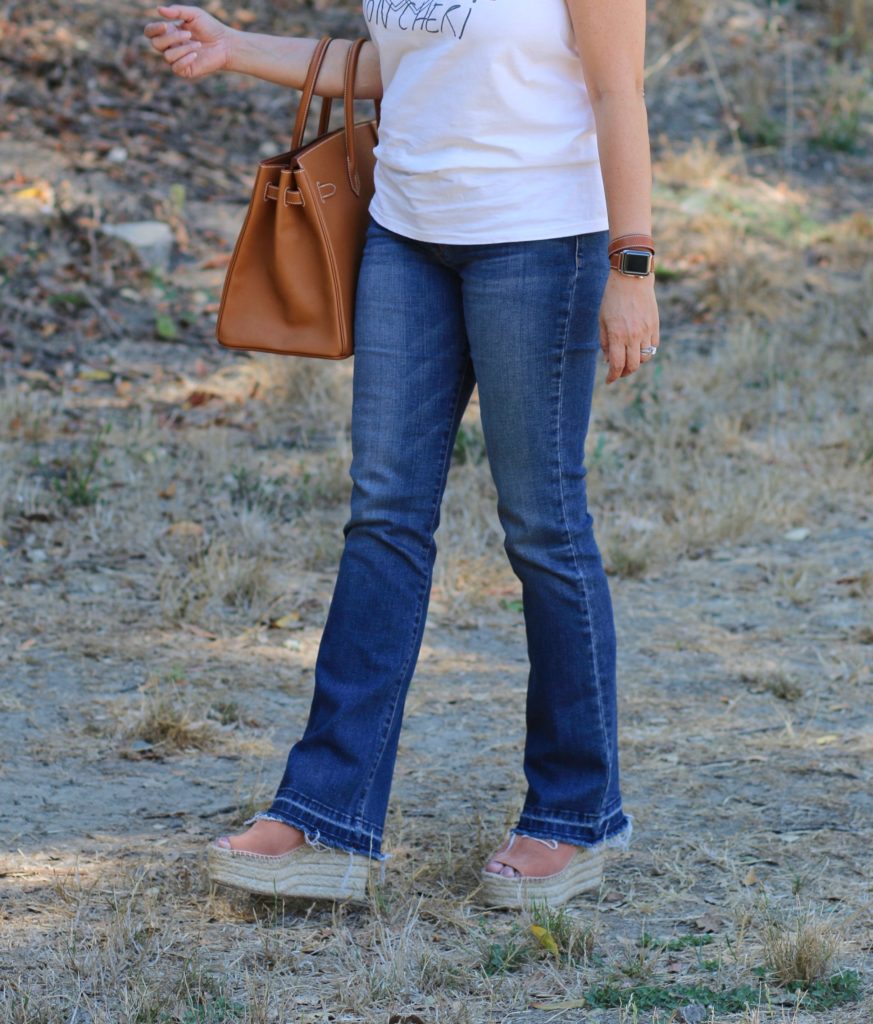 Joe's bootcut jeans and Chloe camel wedge sandals by My Life and My Style